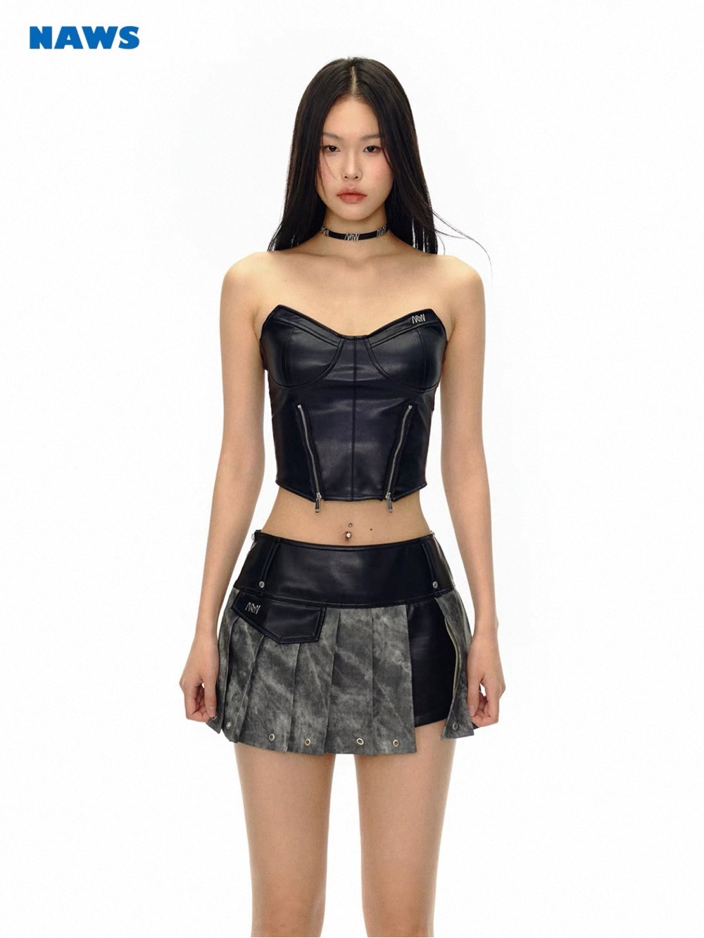 NAWS (NOTAWEAR) Black Faux Leather Strapless Corset Crop Top